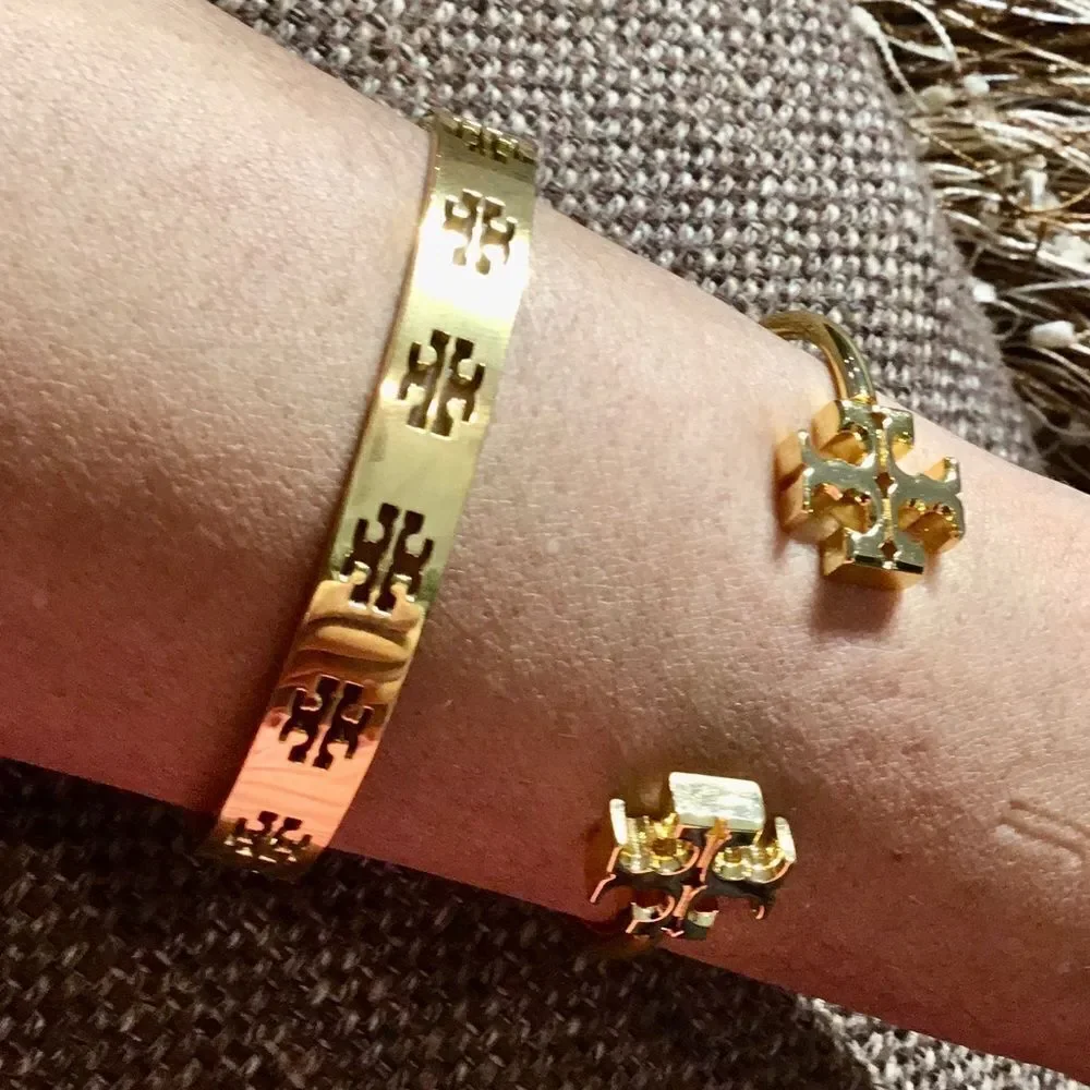 TORY BURCH LOGO DOUBLE T CUFF 18K GOLD TONE BRACELET
